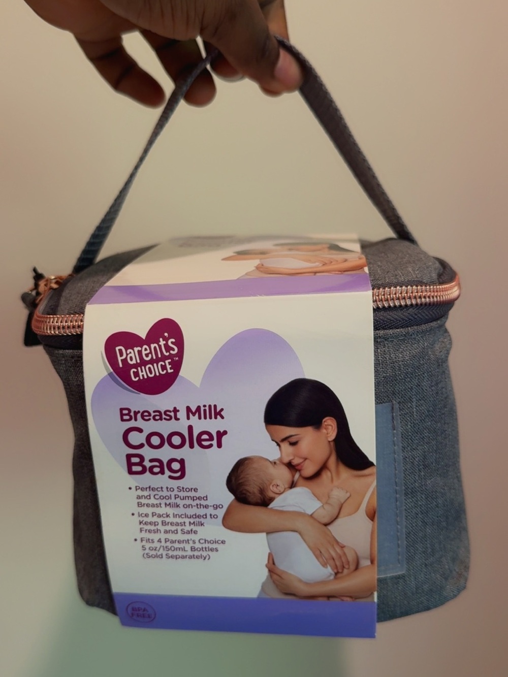 Parent's Choice Gray Breast Milk Cooler Bag with Rose Gold Trim